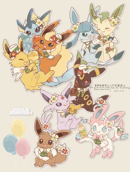 Rule 34 | balloon, black eyes, blue eyes, blush, bottle, bow, candy, colored sclera, commentary request, dated, eevee, espeon, flareon, flower, food, gen 1 pokemon, gen 2 pokemon, gen 4 pokemon, gen 6 pokemon, glaceon, hat, highres, jolteon, leafeon, licking lips, lollipop, mkt (buizu-miki), nintendo, no humans, pikachu, poke ball, pokemon, pokemon (creature), popcorn, red sclera, sylveon, tongue, tongue out, umbreon, vaporeon