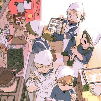 Rule 34 | apron, bandana, commentary, cooking, cutting board, food, frying pan, headscarf, indoors, jinjara126, kitchen, multiple boys, rakudai ninja rantarou, towel, towel on head, untranslatable commentary
