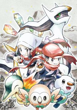 Rule 34 | 1boy, 1girl, absurdres, akari (pokemon), arceus, black eyes, black hair, closed eyes, closed mouth, colored sclera, commentary request, cyndaquil, eyelashes, fangs, fingernails, fire, galaxy team survey corps uniform, gen 2 pokemon, gen 4 pokemon, gen 5 pokemon, gen 7 pokemon, green sclera, hat, headscarf, highres, hisuian poke ball, holding, holding poke ball, legendary pokemon, long hair, long sleeves, mato., mythical pokemon, nintendo, open mouth, oshawott, plate (pokemon), poke ball, pokemon, pokemon (creature), pokemon legends: arceus, red eyes, red hat, red scarf, rei (pokemon), rowlet, scarf, short hair, sidelocks, smile, starter pokemon trio, white headscarf