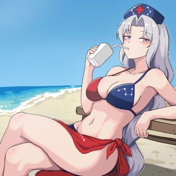 1girl adapted_costume arm_rest bare_shoulders beach big_dipper bikini bilingual_commentary blue_hat blue_sky blush breasts clear_sky cleavage collarbone commentary constellation_print cross crossed_legs curtained_hair drinking drinking_straw ehehe52921343 english_commentary feet_out_of_frame grey_eyes grey_hair hat highres juice_carton korean_commentary large_breasts leaning_back long_hair looking_at_viewer loose_hair_strand mixed-language_commentary multicolored_bikini navel nurse_cap ocean outdoors print_bikini print_hat red_cross sand sarong sitting sky solo stomach swimsuit table thighs touhou two-tone_bikini very_long_hair yagokoro_eirin