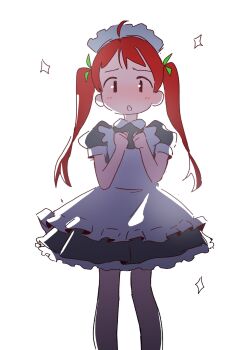 1girl ahoge apron black_dress blush dress frills highres long_hair maid maid_headdress orenjipiiru original pantyhose puffy_short_sleeves puffy_sleeves short_sleeves solo sparkle sparkle_background twintails white_background