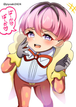Rule 34 | 1boy, absurdres, blush, coat, collared shirt, commentary request, gloves, grey gloves, hair between eyes, heart, highres, long sleeves, looking at viewer, male focus, nintendo, okada piyoaki, open clothes, open coat, open mouth, ortega (pokemon), pants, pink coat, pink hair, pink pants, pokemon, pokemon sv, shirt, short hair, simple background, solo, speech bubble, teeth, tongue, translation request, twitter username, upper teeth only, white background, white shirt
