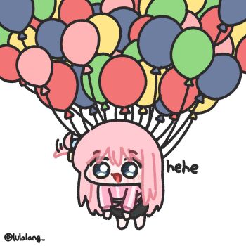 Rule 34 | 1girl, balloon, black skirt, blue eyes, bocchi the rock!, chibi, chibi only, floating, full body, gotoh hitori, hair wagging, highres, jacket, long hair, looking at viewer, lulalang, one side up, open mouth, pink hair, pink jacket, skirt, smile, solo, too many balloons, white background