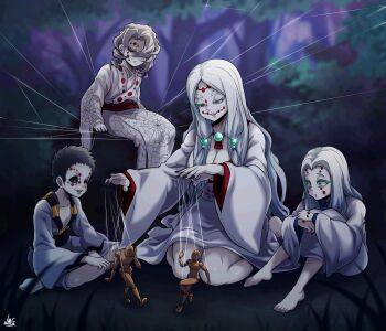 2boys 2girls aqua_eyes black_hair black_nails black_sclera breasts cleavage colored_sclera colored_skin commission green_eyes grey_eyes highres indian_style japanese_clothes jmg kimetsu_no_yaiba kimono large_breasts long_hair marionette mother_spider_demon_(kimetsu_no_yaiba) multiple_boys multiple_girls nail_polish older_brother_spider_demon_(kimetsu_no_yaiba) older_sister_spider_demon_(kimetsu_no_yaiba) open_mouth puppet puppet_strings red_sclera rui_(kimetsu_no_yaiba) silk sitting smile spider_web very_long_hair wariza white_hair white_skin wide_sleeves