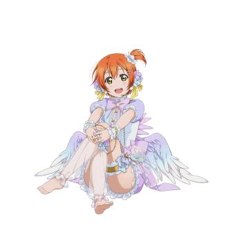 1girl :d angel angel_wings back_bow barefoot bow center_frills chain chain_around_leg crossed_legs double-parted_bangs feathered_wings feet flower flower_ornament frilled_hair_tie frilled_shorts frilled_sleeves frilled_thigh_strap frilled_wrist_cuffs frills gold_chain gradient_flower gradient_wings hair_flower hair_ornament hands_on_own_knees headset high_collar hoshizora_rin interlocked_fingers leg_bow love_live! love_live!_school_idol_festival love_live!_school_idol_project low_wings multicolored_wings official_alternate_costume official_art one_side_up open_mouth orange_hair puffy_short_sleeves puffy_shorts puffy_sleeves ribbon see-through_clothes see-through_legwear shirt_bow short_hair short_sleeves shorts sitting smile soles teeth thigh_strap toes transparent_background upper_teeth_only white_day_(love_live!) wings wrist_cuffs x_hair_ornament yellow_eyes yellow_ribbon