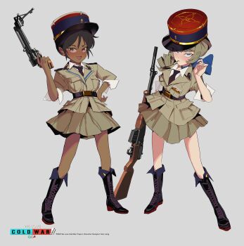 2girls absurdres artist_name blue_eyes bolt_action cigarette cold_war commentary english_commentary french_army gun handgun hat highres holding holding_weapon josephine_leclerc kepi looking_at_viewer manurhin_mr73 mas-36 military military_hat military_uniform multiple_girls necktie nico_jiang original pleated_skirt police police_uniform policewoman polilla revolver rifle scope skirt sleeves_rolled_up we_love_cold_war weapon yvette_de_castelnau