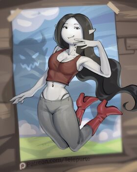 1girl adventure_time artist_name bare_arms bare_shoulders black_eyes black_hair boots breasts cleavage colored_skin crop_top fangs grey_pants high_heel_boots high_heels highres looking_at_viewer marceline_abadeer medium_breasts midriff navel_piercing pants panty_straps patreon_username piercing pointy_ears red_boots red_tank_top solo tank_top telepurte vampire white_skin