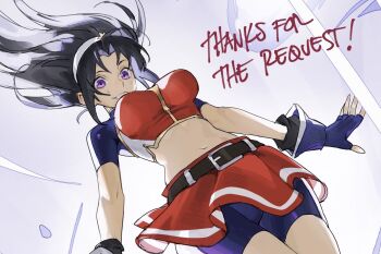 Rule 34 | 1girl, asamiya athena, bike shorts, black hair, breasts, chilicayenne2d, english text, fingerless gloves, gloves, hairband, highres, large breasts, long hair, looking down, midriff, navel, parted lips, purple eyes, skirt, smile, snk, solo, teeth, the king of fighters, the king of fighters 2002