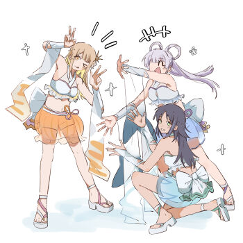 >_o 3girls ^_^ absurdres bare_shoulders beads black_hair blonde_hair blue_hair cho_kaguya-hime! closed_eyes commentary_request green_eyes grey_hair grin hair_beads hair_ornament hair_rings highres kaguya_(cho_kaguya-hime!) long_hair looking_at_viewer midriff multicolored_hair multiple_girls navel on_one_knee one_eye_closed open_mouth orange_eyes poe_(54620421) runami_yachiyo sakayori_iroha sandals see-through_clothes shorts smile sparkle sun_hair_ornament tongue tongue_out twintails two-tone_hair v w white_background white_sandals