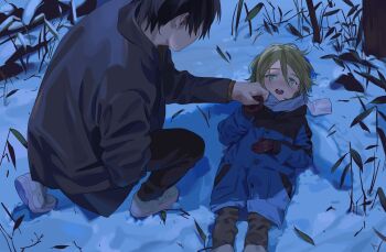 2boys black_hair blonde_hair child gloves green_eyes highres holding_hands jacket lying male_focus multiple_boys on_back open_mouth original outdoors snow snow_angel sugio