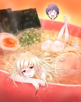 2girls ass blonde_hair blush bowl char-siu chopped_spring_onion chopsticks commentary_request dashi_(stock) egg_(food) food heart heart-shaped_eyes holding holding_chopsticks koizumi_(ramen_daisuki_koizumi-san) meat multiple_girls noodles nori_(seaweed) oosawa_yuu open_mouth orange_background oversized_food oversized_object partially_submerged picolette_xiii pork purple_hair ramen ramen_daisuki_koizumi-san red_eyes simple_background smile softboiled_egg soup star_(symbol)