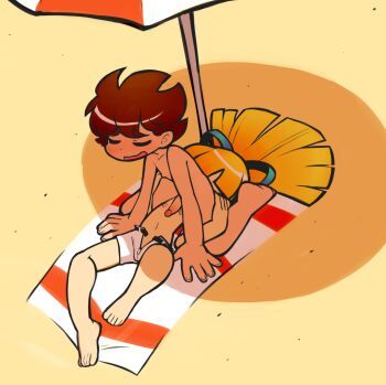 1boy 1girl absurdres anilingus artist_request barefoot beach blonde_hair blush brown_hair capcom completely_nude feet female_rimming_male flat_chest glans hetero highres incest kodomo_doushi loli lying mega_man_(character) mega_man_(classic) mega_man_(series) nipples nude parasol penis robot robot_boy robot_girl roll_(mega_man) sand shorts shota siblings sitting sitting_on_face sitting_on_person smile soles source_request toes topless_female umbrella