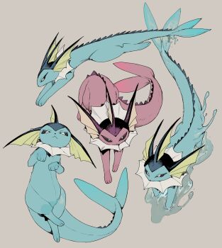 :< absurdres alternate_color animal_focus blue_eyes blue_fur bright_pupils cetacean_tail closed_mouth fins fish_tail full_body gen_1_pokemon grey_background head_fins highres looking_at_viewer newo_(shinra-p) nintendo no_humans pokemon pokemon_(creature) pokemon_focus purple_eyes purple_fur shiny_and_normal shiny_pokemon simple_background standing tail vaporeon water white_pupils