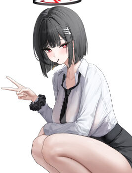 1girl absurdres alternate_costume alternate_hair_length alternate_hairstyle black_hair black_halo black_necktie black_scrunchie black_skirt blue_archive bob_cut bra bra_visible_through_clothes breasts commentary_request food food_in_mouth halo highres large_breasts looking_at_viewer multicolored_halo necktie pocky pocky_in_mouth red_eyes red_halo rio_(blue_archive) sab_(sab2500) scrunchie shirt short_hair skirt solo squatting two-tone_halo underwear unfinished v white_background white_bra white_shirt