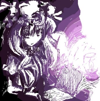 1girl book crescent crescent_hat_ornament hat hat_ornament ikamagu lantern long_hair lowres patchouli_knowledge purple_theme reading sketch solo touhou upper_body