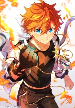 Rule 34 | 1boy, absurdres, akehoshi subaru, arm up, black gloves, black pants, black shirt, blue eyes, clenched hands, closed mouth, commentary, cowboy shot, ensemble stars!, fire, furrowed brow, gloves, gradient gloves, hair between eyes, highres, jacket, long sleeves, male focus, midriff peek, mikawa ayumu, official alternate costume, open clothes, open jacket, orange hair, pants, shirt, short hair, single glove, smile, solo, symbol-only commentary, white background, white jacket