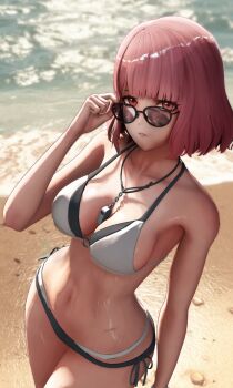 1girl 3d absurdres adjusting_eyewear atla_762 beach breasts commentary english_commentary female_commander_(girls&#039;_frontline) gentiane_(girls&#039;_frontline) girls&#039;_frontline girls&#039;_frontline_2:_exilium highres looking_at_viewer navel pink_hair red_eyes solo sunglasses swimsuit water whistle whistle_around_neck