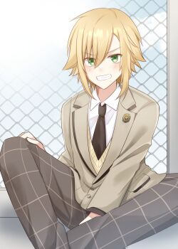 1boy absurdres against_fence between_legs blonde_hair brown_necktie chain-link_fence commentary_request day fence green_eyes grid_print grin hand_between_legs hand_on_own_knee highres male_focus necktie nijisanji sakura_yuto school_uniform sitting smile solo uzuki_kou v-shaped_eyebrows