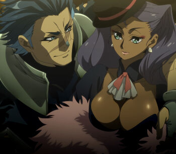 1boy 1girl anime_screenshot black_hair blue_eyes breasts coat dark-skinned_female dark_skin earrings fingerless_gloves gloves green_eyes grimm_kumikyoku hat highres jewelry large_breasts lips looking_at_another neko_(grimm_kumikyoku) netflix purple_hair scar scar_on_face smile