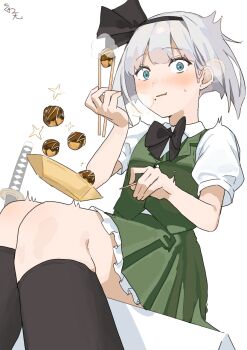 1girl black_bow black_bowtie black_socks blue_eyes blush bow bowtie chopsticks collared_shirt commentary eating food food_focus frills green_skirt green_vest hairband holding holding_chopsticks imkooooww katana konpaku_youmu looking_at_viewer shirt short_hair short_sleeves signature sitting skirt socks solo sword takoyaki touhou vest weapon white_hair white_shirt