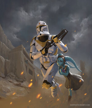 1boy 1girl alien black_gloves blue_skin boil_(star_wars) brown_dress clone_trooper clone_trooper_helmet collarbone colored_skin commentary dan_watson dress dust embers english_commentary gloves gun helmet highres holding holding_gun holding_weapon numa_(star_wars) official_art raised_inner_eyebrows running scared smoke star_wars star_wars:_the_clone_wars_(2008_tv_series) star_wars_legion twi'lek weapon