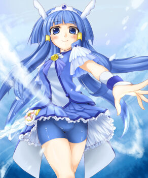 10s 1girl aoki_reika arakawa_tarou bike_shorts bike_shorts_under_skirt blue_dress blue_eyes blue_hair blue_skirt blue_theme choker cure_beauty dress female_focus hair_tubes head_wings highres long_hair magical_girl matching_hair/eyes power precure shorts shorts_under_skirt sidelocks skirt smile smile_precure! snow solo steam tiara water wings wrist_cuffs