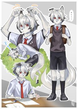 1boy aged_down backpack bag black_shorts black_socks body_fur bowchanrou_(b0tar0) child full_body furry furry_male grey_background highres holding_ears holding_own_ears kneehighs male_focus multiple_views red_eyes school_uniform shirt short_hair shorts single_ear_down socks sweater_vest tail von_lycaon white_fur white_hair white_shirt wolf_boy zenless_zone_zero