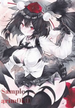 1girl arim0k0 artist_name bird bird_wings black_bird black_bra black_gloves black_hair black_necktie black_panties black_skirt black_thighhighs black_wings bow bow_panties bra breasts chest_harness cleavage closed_mouth commentary crow eyelashes feathered_wings gloves hair_between_eyes harness hat highres lace lace-trimmed_bra lace-trimmed_panties lace_trim large_breasts medium_hair miniskirt necktie panties partially_unbuttoned pleated_skirt pom_pom_(clothes) red_eyes red_hat red_shoes ribbon-trimmed_skirt ribbon_trim sample_watermark shameimaru_aya shirt shoes skirt smile solo thighhighs tokin_hat touhou underwear watermark white_bow white_shirt wings