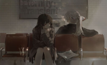 2girls absurdres alternate_costume bow brown_coat brown_hair cigarette closed_mouth coat commentary contemporary english_text fujiwara_no_mokou grey_hair hair_bow highres holding holding_newspaper houraisan_kaguya long_hair long_sleeves looking_at_viewer multiple_girls newspaper open_clothes open_coat ponytail red_eyes sawararado sitting smoking touhou very_long_hair white_bow