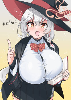 1girl black_robe black_skirt blue_archive blush book bow bowtie braid breasts brown_eyes button_gap earrings eri_(blue_archive) grey_hair hair_between_eyes halo highres holding holding_book huge_breasts jewelry long_hair looking_at_viewer open_mouth pleated_skirt pointing pointing_up ponytail red_bow red_bowtie red_halo ring robe shirt single_braid skirt solo white_shirt yuuichi_(reductionblack)