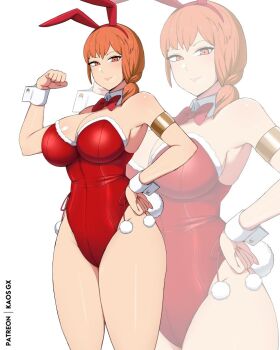 1girl alternate_costume animal_ears armlet armpits bare_arms bare_shoulders blush bow braid breasts cleavage closed_mouth detached_collar fake_animal_ears fire_emblem fire_emblem:_three_houses flexing fur-trimmed_leotard fur_trim hairband jewelry kaos_art large_breasts leonie_pinelli leonie_pinelli_(timeskip) leotard long_hair looking_at_viewer necktie nintendo orange_eyes orange_hair playboy_bunny rabbit_ears rabbit_tail red_bow red_hairband red_leotard simple_background smile solo tail thick_thighs thighs white_wrist_cuffs wrist_cuffs zoom_layer