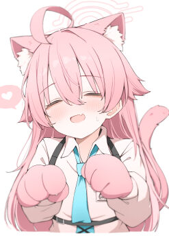 Rule 34 | 1girl, ahoge, animal ears, animal hands, blue archive, blue necktie, blush, cat ears, cat girl, cat paws, cat tail, closed eyes, collared shirt, facing viewer, fang, gloves, hair between eyes, halo, heart, highres, hoshino (blue archive), long hair, long sleeves, necktie, open mouth, paw gloves, paw pose, pink hair, pink halo, shirt, simple background, skin fang, solo, spoken heart, tail, tilted head, white background, white shirt, yuukun mk-ii