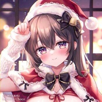 1girl arm_warmers artist_name black_bow blush bow brown_hair capelet closed_mouth commentary_request fingernails fur-trimmed_capelet fur-trimmed_headwear fur_trim hat hat_bow long_hair mitsuba_choco original out-of-frame_censoring purple_eyes red_capelet red_hat santa_costume santa_hat smile solo upper_body window