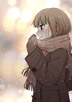 1girl bag blurry blurry_background bokeh brown_bag brown_coat brown_eyes brown_gloves brown_hair brown_scarf coat depth_of_field enpera from_side gloves hands_up highres long_hair long_sleeves neoinuri open_mouth original outdoors profile scarf school_bag snowing solo upper_body warming_hands