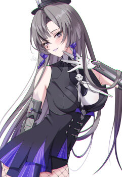 1girl artist_name black_hat black_jacket black_skirt blush breasts bright_pupils chromatic_aberration commentary_request cowboy_shot dice dice_earrings earrings facial_mark gradient_hair grey_hair hand_up hat highres jacket jewelry large_breasts lilith:_daemonissa_(pgr) lilith_(pgr) long_hair mark_under_eye mechanical_arms mechanical_hands multicolored_hair punishing:_gray_raven purple_eyes purple_hair simple_background skirt smile solo spade_(shape) spade_facial_mark top_hat uriuritei white_background white_pupils