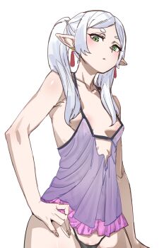 1girl areola_slip black_panties blush bow_(bhp) breasts earrings elf frieren green_eyes hand_on_own_hip jewelry long_hair looking_at_viewer nightgown panties pointy_ears purple_nightgown simple_background small_breasts solo sousou_no_frieren twintails underwear white_background white_hair