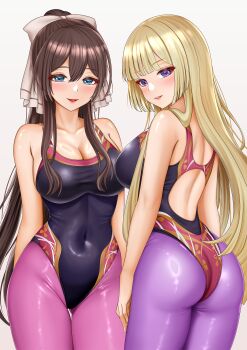 2girls adapted_costume arm_at_side arm_behind_back armpit_crease arms_at_sides ass assault_lily back_cutout bare_arms bare_shoulders black_one-piece_swimsuit blonde_hair blue_eyes blunt_bangs blush bow breasts brown_bow brown_hair cleavage clothing_cutout collarbone commentary_request competition_swimsuit cosplay covered_groin covered_navel cowboy_shot floral_print gluteal_fold grey_background grin hair_between_eyes hair_bow high_ponytail highleg highleg_one-piece_swimsuit highres imai_tomohiro large_breasts long_hair looking_at_viewer looking_back miyagawa_takane multiple_girls official_alternate_costume one-piece_swimsuit pantyhose pantyhose_under_swimsuit parted_lips pink_pantyhose ponytail print_swimsuit purple_eyes purple_pantyhose red_one-piece_swimsuit serizawa_chikaru serizawa_chikaru_(cosplay) sideboob sidelocks simple_background smile standing swimsuit thigh_gap two-tone_one-piece_swimsuit very_long_hair
