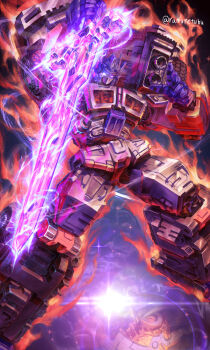 blue_eyes cybertron energy_sword glowing glowing_eyes helmet highres humanoid_robot machine machinery mask mecha mouth_mask no_humans optimus_prime planet robot science_fiction sword transformers uungunover weapon