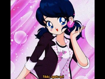 1990s_(style) 1girl animification bad_id bad_twitter_id bishoujo_senshi_sailor_moon black_border black_jacket blazer blue_eyes blue_eyeshadow blue_hair border bubble collarbone collared_jacket commentary cowboy_shot dot_nose english_commentary english_text eyelashes eyeshadow faux_retro_artstyle film_grain floral_print glowing happy highres honeymoonpetal jacket lapels light_blush light_particles long_sleeves low_twintails makeup marinette_dupain-cheng miraculous_ladybug notched_lapels open_clothes open_jacket open_mouth pants parody pillarboxed pink_background pink_pants polka_dot polka_dot_jacket retro_artstyle shirt short_hair short_twintails sleeve_cuffs smile solo sparkle style_parody swept_bangs tareme three-quarter_sleeves transformation twintails two-sided_fabric two-sided_jacket white_jacket white_shirt