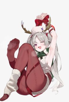 1girl absurdres antlers armpits arms_up ass bdsm blush bondage bound breasts commentary fang hat highres horns i!roha laru_(snowish)_(stella_sora) laru_(stella_sora) looking_at_viewer medium_breasts official_alternate_costume open_mouth red_eyes red_ribbon reindeer_antlers ribbon scarf simple_background skin_fang solo stella_sora symbol-only_commentary thighs twintails white_background white_hair white_hat