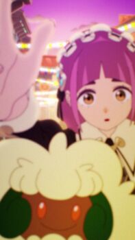1girl animated black_dress brown_eyes cloud collared_dress commentary_request dress evening gen_5_pokemon highres lacey_(fall_2025)_(pokemon) lacey_(pokemon) long_sleeves looking_at_viewer medium_hair nintendo official_art outdoors pokemon pokemon_(creature) pokemon_masters_ex purple_hair purple_sky recording road sidewalk sky smile sound standing street tagme thick_eyebrows video whimsicott white_headdress