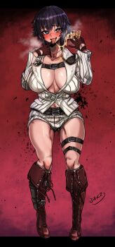 1girl absurdres blue_eyes blush breasts commentary_request devil_may_cry devil_may_cry_(series) devil_may_cry_4 eating food fox_udon glasses gloves heart heart_in_eye heavy_breathing heterochromia highres jacket jewelry lady_(devil_may_cry) large_breasts necklace open_mouth pizza red_eyes scar scar_on_face short_hair shorts simple_background solo symbol_in_eye tongue tongue_out variant_set white_jacket white_shorts