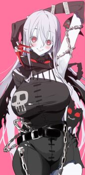 1girl black_bodysuit blush bodysuit breasts catsuit chain claws cleavage colored_skin demon_girl digimon digimon_(creature) grey_hair grey_skin highres ladydevimon large_breasts leather_suit long_hair looking_at_viewer red_eyes simple_background skull_print smile solo stitches torn_bodysuit torn_clothes torn_wings very_long_hair wings wrist_wings yotsumoto_yuu