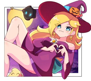 1girl :3 absurdres blonde_hair blue_eyes blush border brooch closed_mouth commentary dress earrings english_commentary four-finger_heart_hands hat hat_ornament heart heart_hands highres hoshinokotta jack-o&#039;-lantern_hat_ornament jewelry long_hair looking_at_viewer luma_(mario) mario_(series) mario_kart mario_kart_tour moon nintendo official_alternate_costume outside_border polari_(super_mario_galaxy) purple_dress purple_hat rosalina rosalina_(halloween) star_(symbol) star_brooch star_earrings white_border wide_sleeves witch_hat