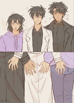 1girl 2boys black_coat black_eyes black_hair black_shirt closed_eyes coat collared_shirt commentary english_commentary grabbing_another&#039;s_ass groping han_sooyoung highres hood hoodie kim_dokja kobrafangs mole mole_under_eye multiple_boys omniscient_reader&#039;s_viewpoint pants purple_hoodie shirt short_hair signature tongue tongue_out turtleneck turtleneck_shirt very_short_hair white_coat yoo_joonghyuk