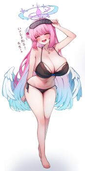 Rule 34 | 1girl, absurdres, angel wings, black bra, black panties, blue archive, blue bow, blush, bow, bra, breasts, cleavage, collarbone, cross, cross necklace, feathered wings, full body, gradient hair, gradient halo, hair bun, hair ornament, half-closed eyes, halo, hand on mask, hand up, highres, jewelry, kyoto mogu, large breasts, long hair, looking at viewer, low wings, mask, mask on head, mika (blue archive), multicolored hair, multicolored halo, navel, necklace, open mouth, panties, pink hair, pink halo, simple background, single side bun, sleep mask, smile, solo, standing, underwear, underwear only, white background, white wings, wings, yellow eyes
