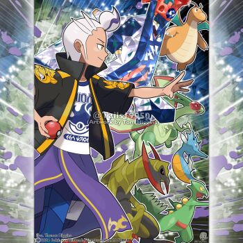 1boy archaludon artist_name black_eyes black_jacket blue_pants character_name character_print claws closed_mouth commentary company_name copyright_notice dragon dragon_wings dragonite drayton_(pokemon) english_commentary fangs flygon from_side gen_1_pokemon gen_2_pokemon gen_3_pokemon gen_5_pokemon haxorus highres holding holding_poke_ball instagram_username jacket kingdra long_sleeves male_focus maschiff merchandise_available multicolored_hair nintendo official_style open_clothes open_jacket open_mouth outline outstretched_arm pants poke_ball poke_ball_(basic) poke_ball_print pokemon pokemon_(creature) pokemon_sv purple_hair red_eyes sceptile shirt short_hair smile streaked_hair terastallization tom_higgins two-tone_hair watermark white_hair white_outline white_shirt wings yellow_eyes