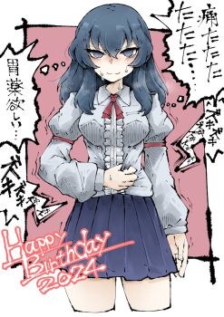 1girl 2024 blue_eyes blue_hair breasts collared_shirt commentary_request eclair_(girls_und_panzer) frilled_shirt frills girls_und_panzer girls_und_panzer_gekitou!_maginot-sen_desu!! grabbing_own_stomach hand_on_own_stomach happy_birthday highres juliet_sleeves long_hair long_sleeves maginot_school_uniform miniskirt pleated_skirt puffy_sleeves red_ribbon ribbon school_uniform shirt skirt smile sweatdrop tearing_up tears translation_request white_shirt yamarium