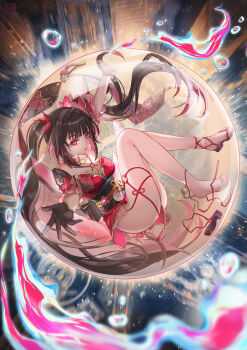 1girl absurdres arm_up ass bare_legs bare_shoulders black_hair black_sash breasts commentary_request criss-cross_halter dress halterneck highres honkai:_star_rail honkai_(series) knees_up long_hair looking_at_viewer medium_breasts obi parted_lips red_dress red_eyes sash solo sparkle_(honkai:_star_rail) thighs tongyu twintails very_long_hair