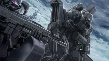 beam_rifle cable claws cloud cloudy_sky copyright_notice energy_gun grenade_launcher gundam gundam_battle_operation_2 gundam_unicorn harbor highres machinery mecha mecha_focus mobile_suit neo_zeon no_humans one-eyed painting_(medium) realistic robot scan scene_reference science_fiction sky sunrise_(company) tenjin_hidetaka traditional_media transmission_tower underbarrel_grenade_launcher water weapon wet zee_zulu